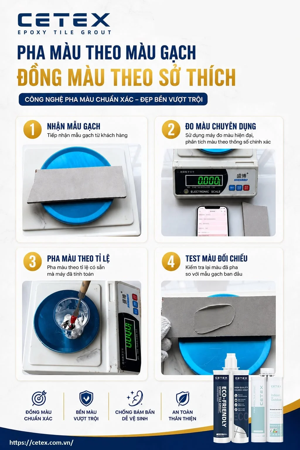 4 bước trong quy trình pha màu keo chà ron của CETEX