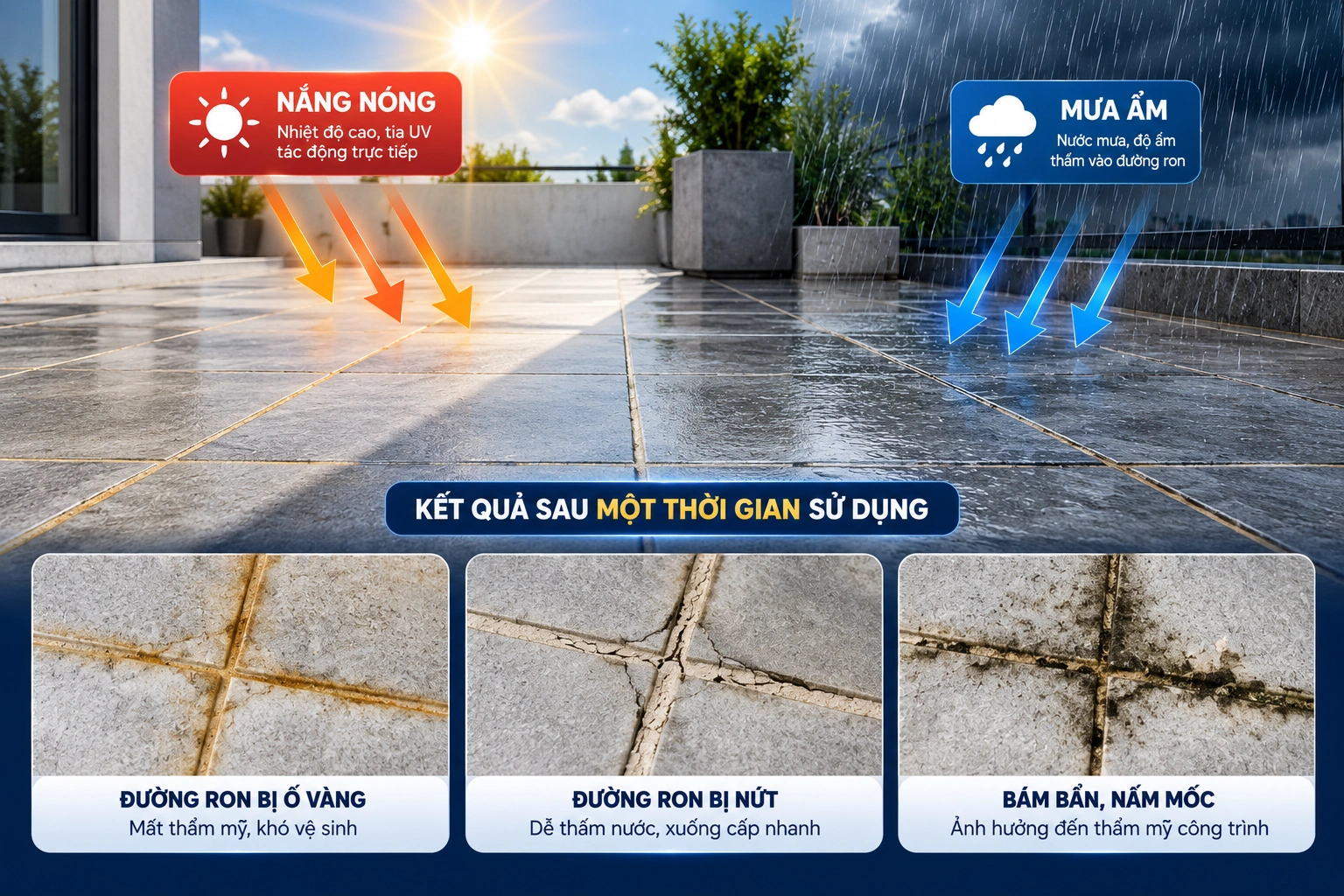 Đường ron gạch ngoài trời bị ố vàng, nứt và bám bẩn do tác động của nắng mưa
