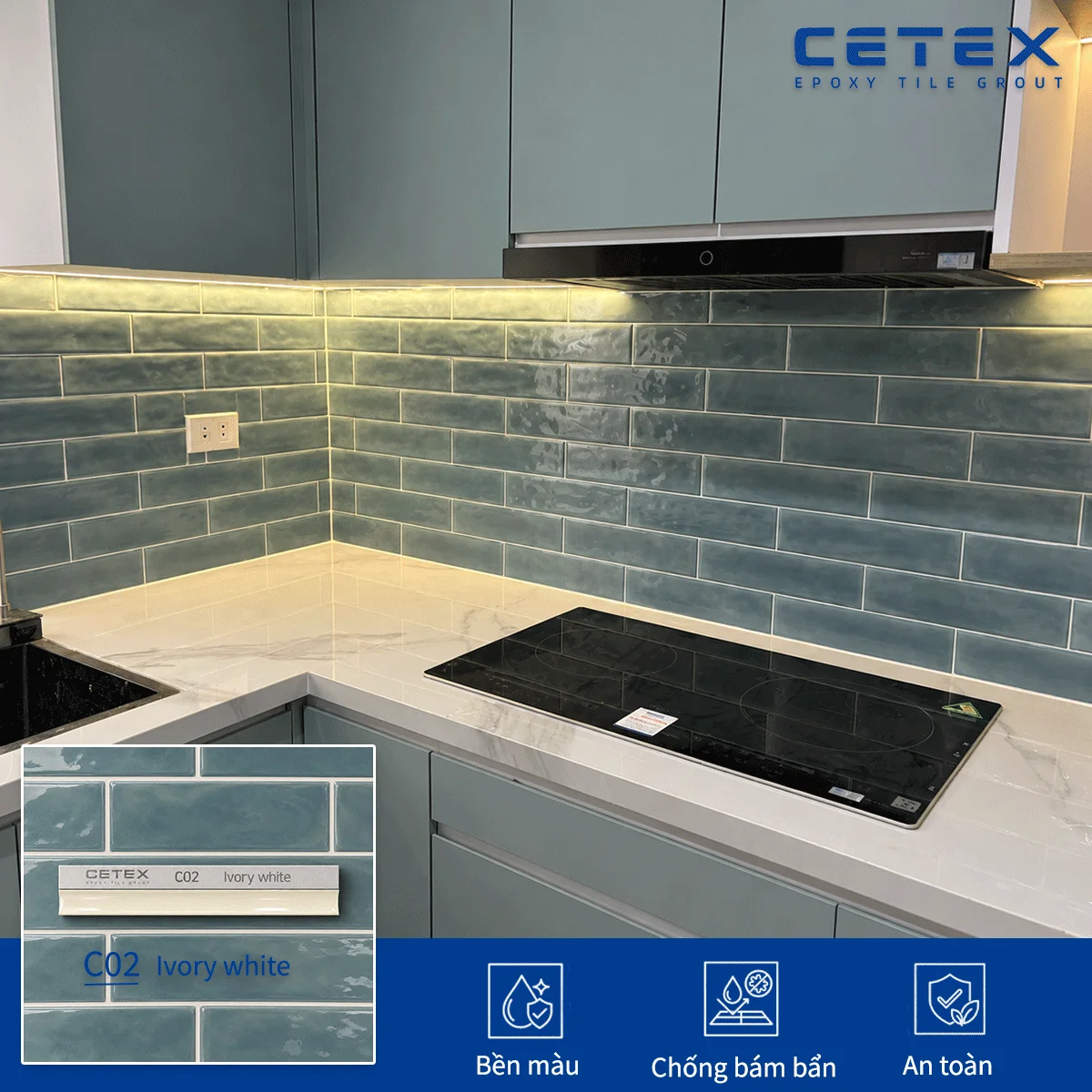 Màu ron C02 Cetex tương phản nổi bật trên nền gạch thẻ xanh lam